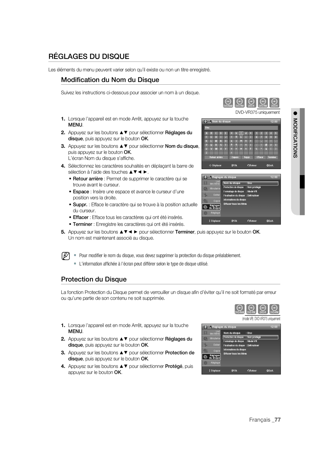 Samsung DVD-VR375A/XEF manual Réglages DU Disque, Modiﬁcation du Nom du Disque, Protection du Disque 