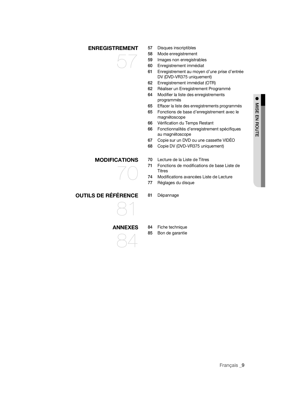 Samsung DVD-VR375A/XEF Lecture de la Liste de Titres, Réglages du disque, Dépannage, Fiche technique, Bon de garantie 