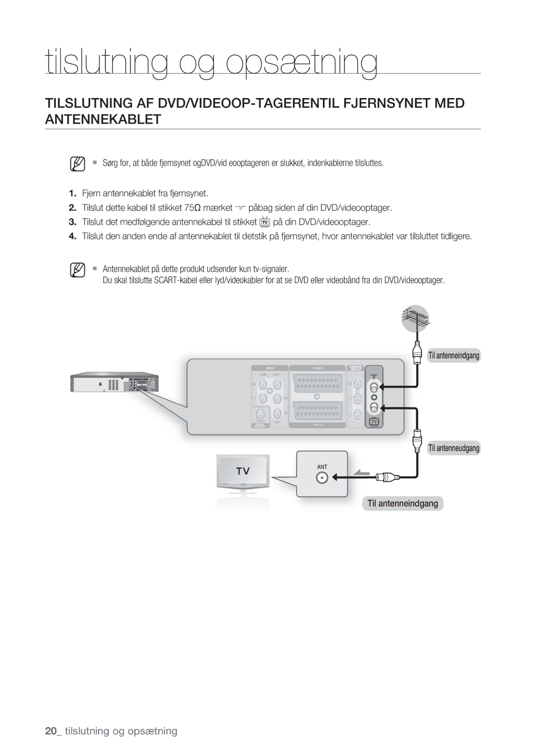 Samsung DVD-VR375/XEE, DVD-VR370/XEE manual Tilslutning og opsætning, Til antenneindgang Til antenneudgang 