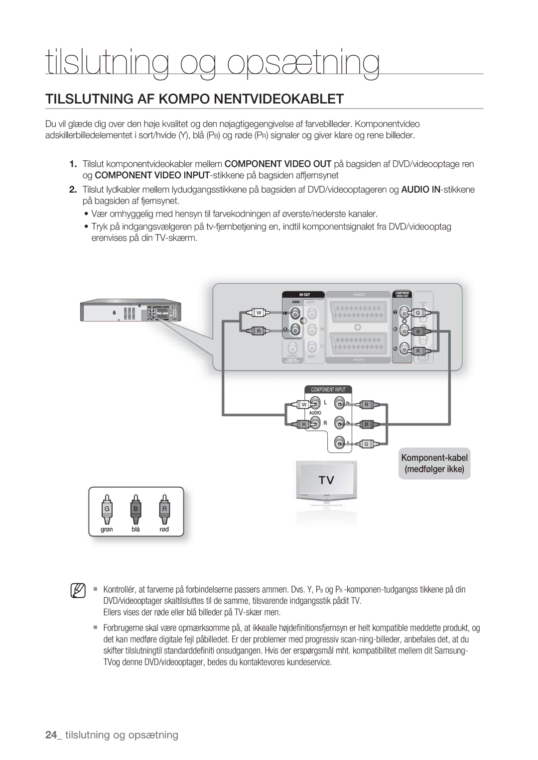 Samsung DVD-VR375/XEE, DVD-VR370/XEE manual Tilslutning AF Kompo Nentvideokablet, Komponent-kabel Medfølger ikke 