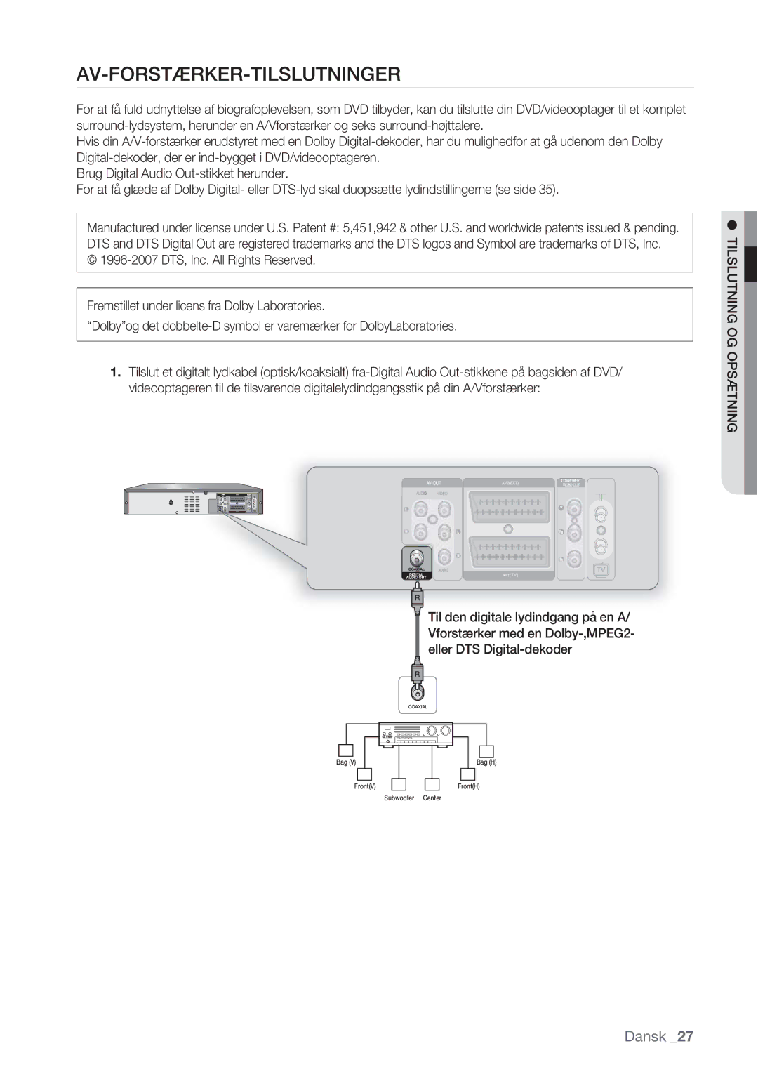 Samsung DVD-VR370/XEE, DVD-VR375/XEE manual Av-Forstærker-Tilslutninger 