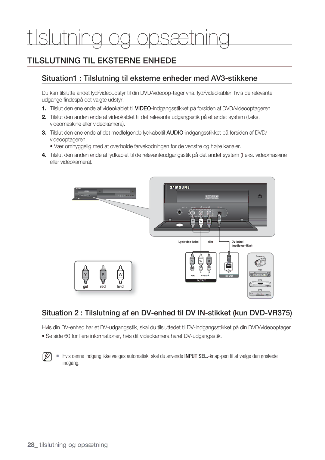 Samsung DVD-VR375/XEE manual Tilslutning TIL Eksterne Enhede, Situation1 Tilslutning til eksterne enheder med AV3-stikkene 