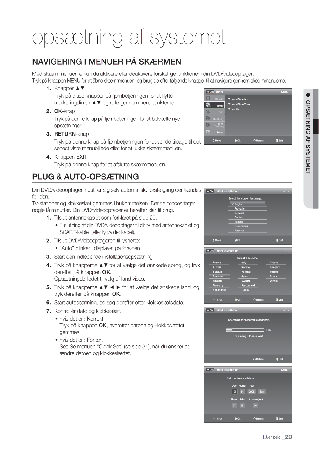 Samsung DVD-VR370/XEE, DVD-VR375/XEE manual Navigering I Menuer PÅ Skærmen, Plug & AUTO-OPSÆTNING 