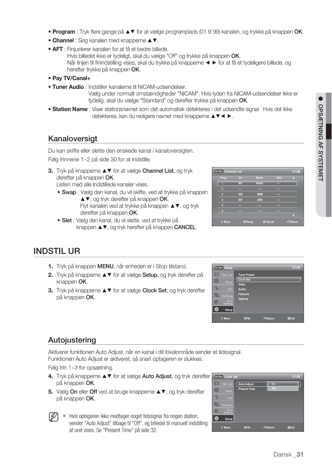 Samsung DVD-VR370/XEE, DVD-VR375/XEE manual Indstil UR, Kanaloversigt, Autojustering 