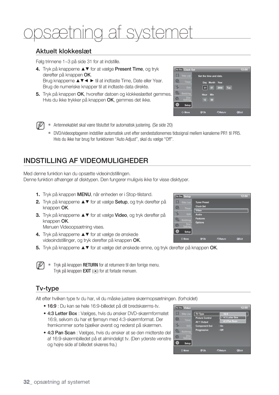 Samsung DVD-VR375/XEE, DVD-VR370/XEE manual Indstilling AF Videomuligheder, Aktuelt klokkeslæt, Tv-type 