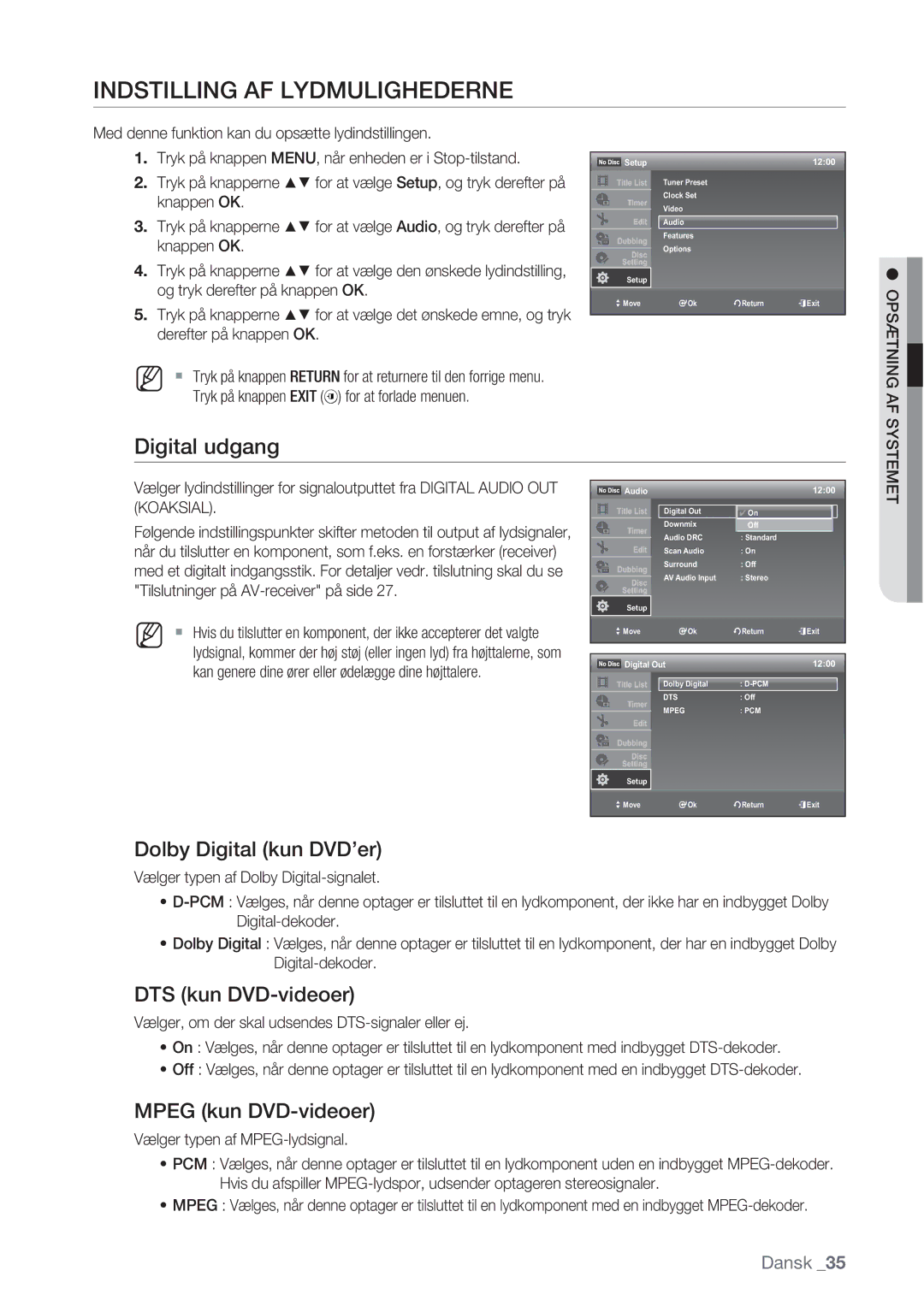 Samsung DVD-VR370/XEE manual Indstilling AF Lydmulighederne, Digital udgang, Dolby Digital kun DVD’er, DTS kun DVD-videoer 