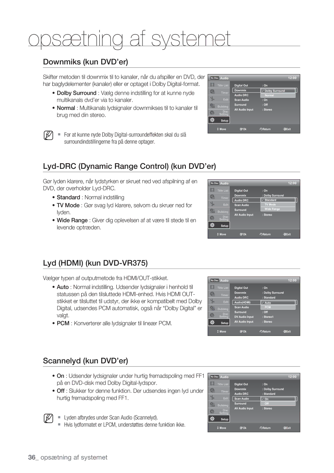 Samsung DVD-VR375/XEE, DVD-VR370/XEE Downmiks kun DVD’er, Lyd-DRC Dynamic Range Control kun DVD’er, Lyd Hdmi kun DVD-VR375 