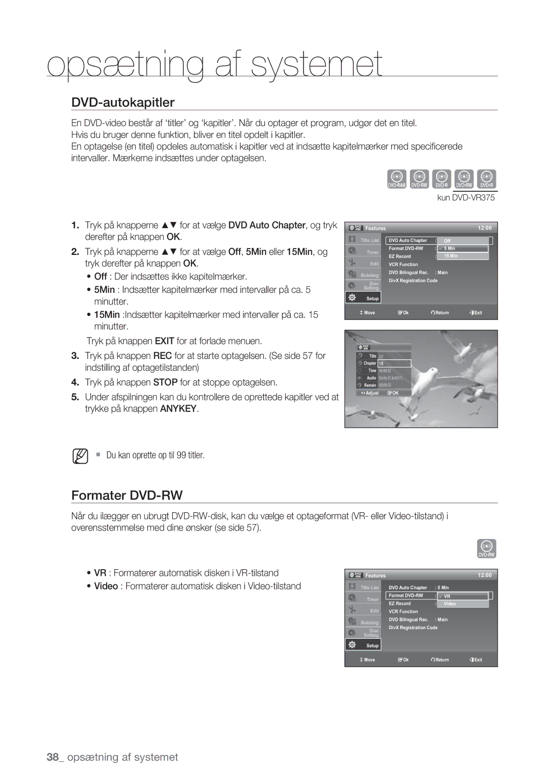 Samsung DVD-VR375/XEE, DVD-VR370/XEE DVD-autokapitler, Formater DVD-RW,  Du kan oprette op til 99 titler, Features 1200 