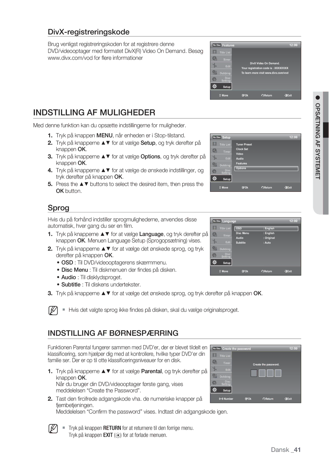 Samsung DVD-VR370/XEE, DVD-VR375/XEE manual Indstilling AF Muligheder, DivX-registreringskode, Sprog 