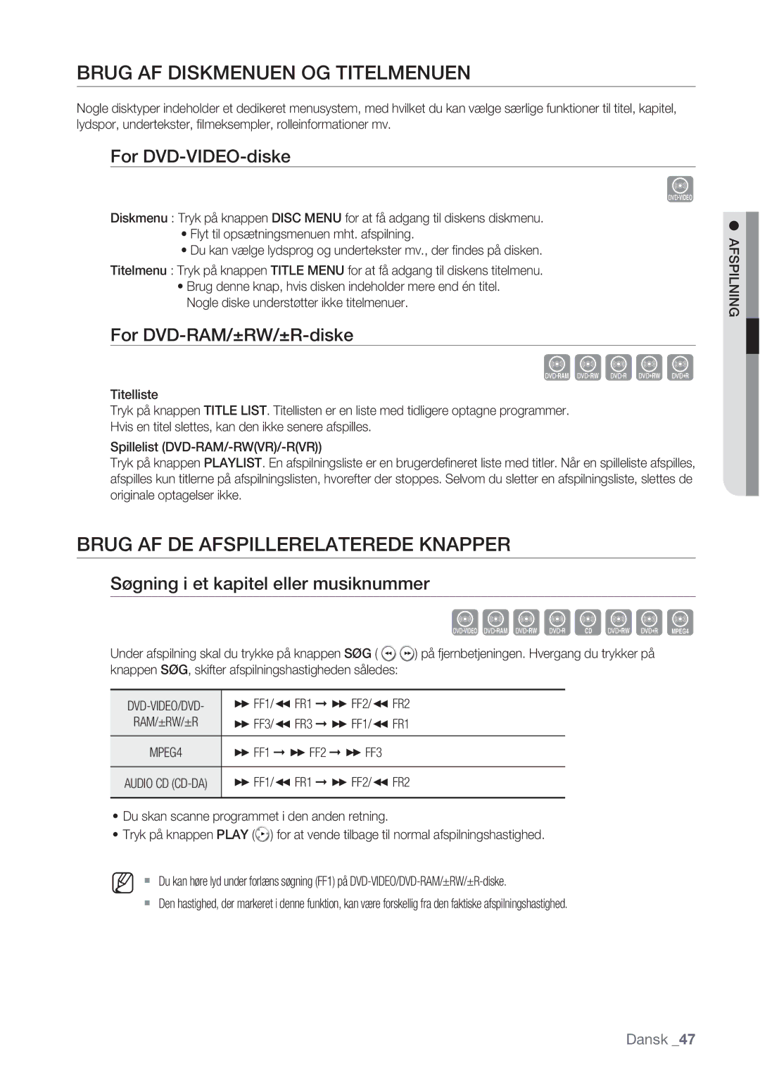 Samsung DVD-VR370/XEE manual Brug AF Diskmenuen OG Titelmenuen, Brug AF DE Afspillerelaterede Knapper, For DVD-VIDEO-diske 