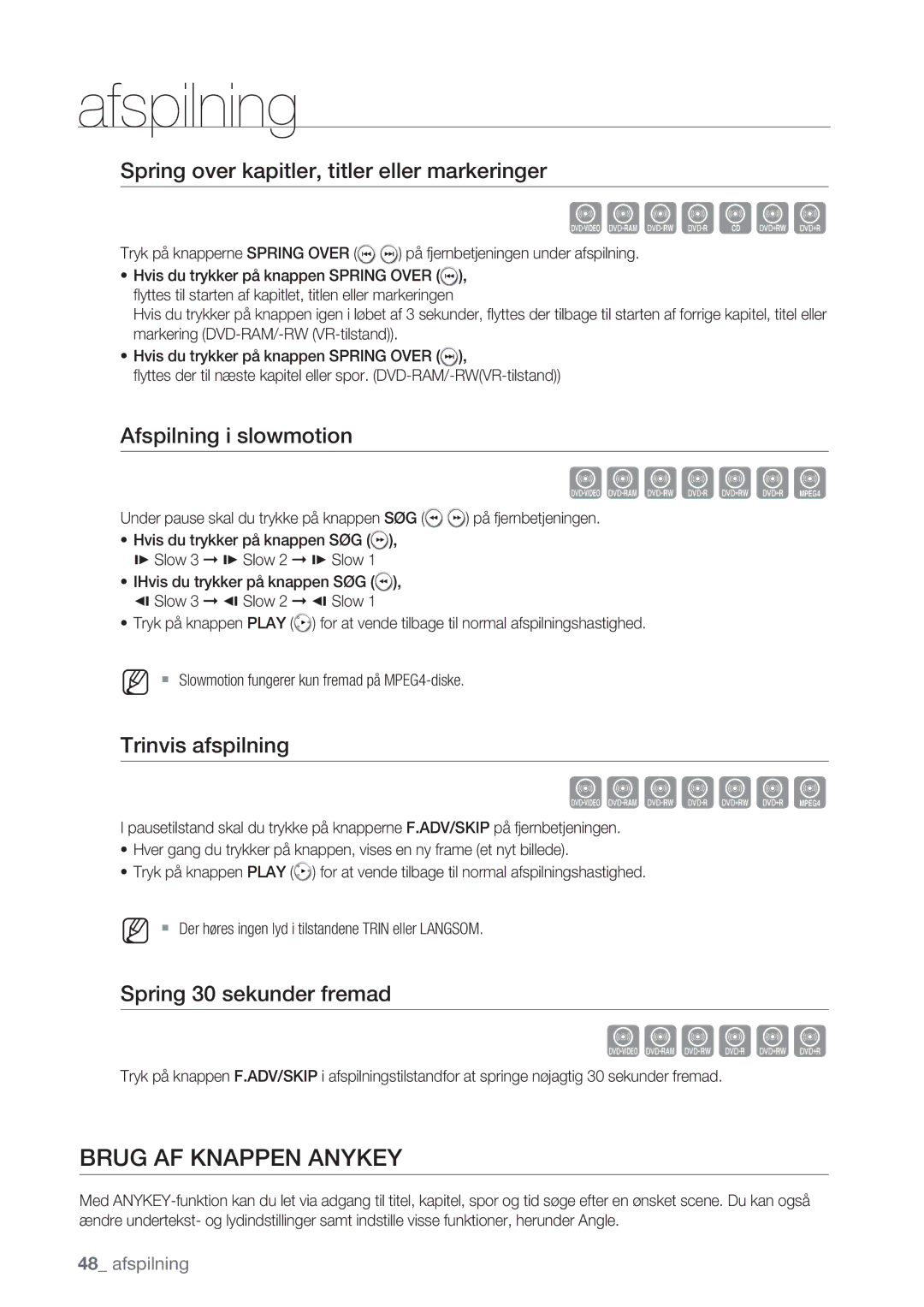 Samsung DVD-VR375/XEE Brug AF Knappen Anykey, Spring over kapitler, titler eller markeringer, Afspilning i slowmotion 