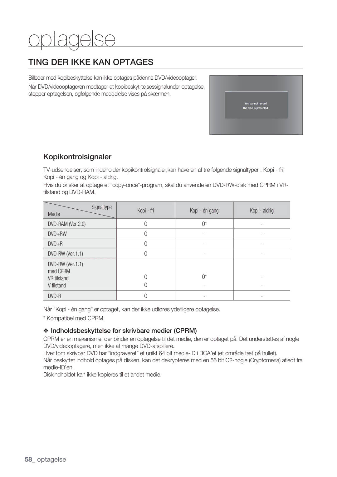 Samsung DVD-VR375/XEE manual Ting DER Ikke KAN Optages, Kopikontrolsignaler, Kopi fri Kopi én gang Kopi aldrig Medie 