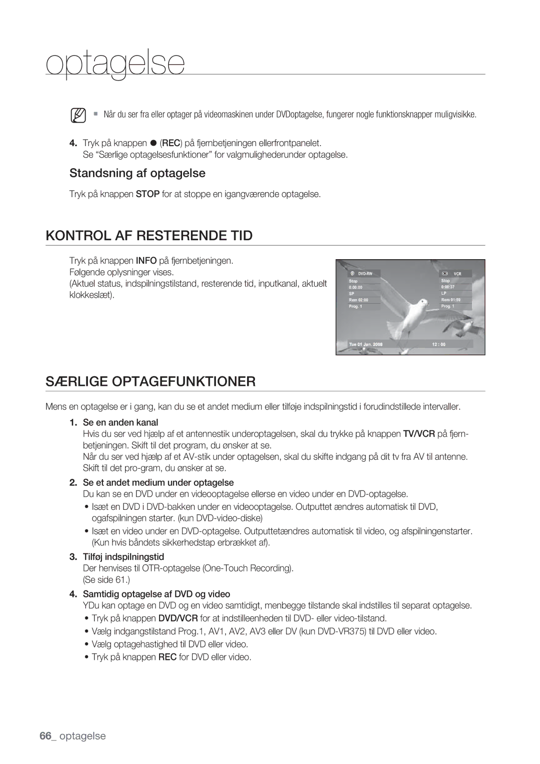 Samsung DVD-VR375/XEE, DVD-VR370/XEE manual Kontrol AF Resterende TID, Særlige Optagefunktioner 