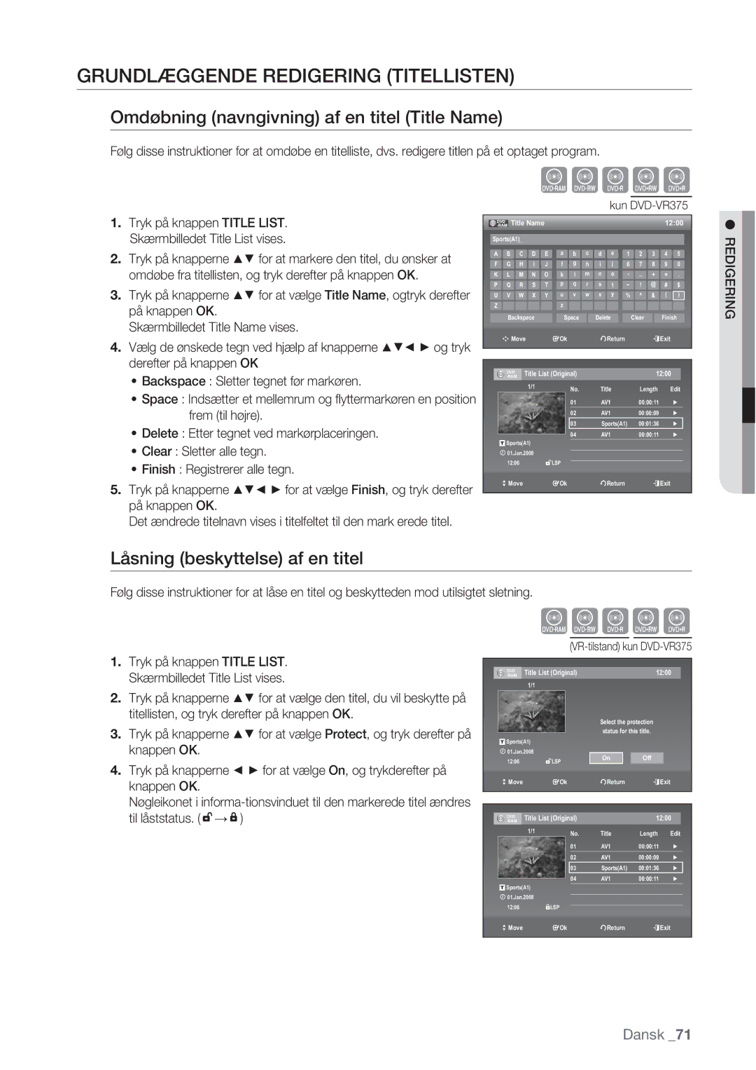 Samsung DVD-VR370/XEE Grundlæggende Redigering Titellisten, Omdøbning navngivning af en titel Title Name, Til låststatus 