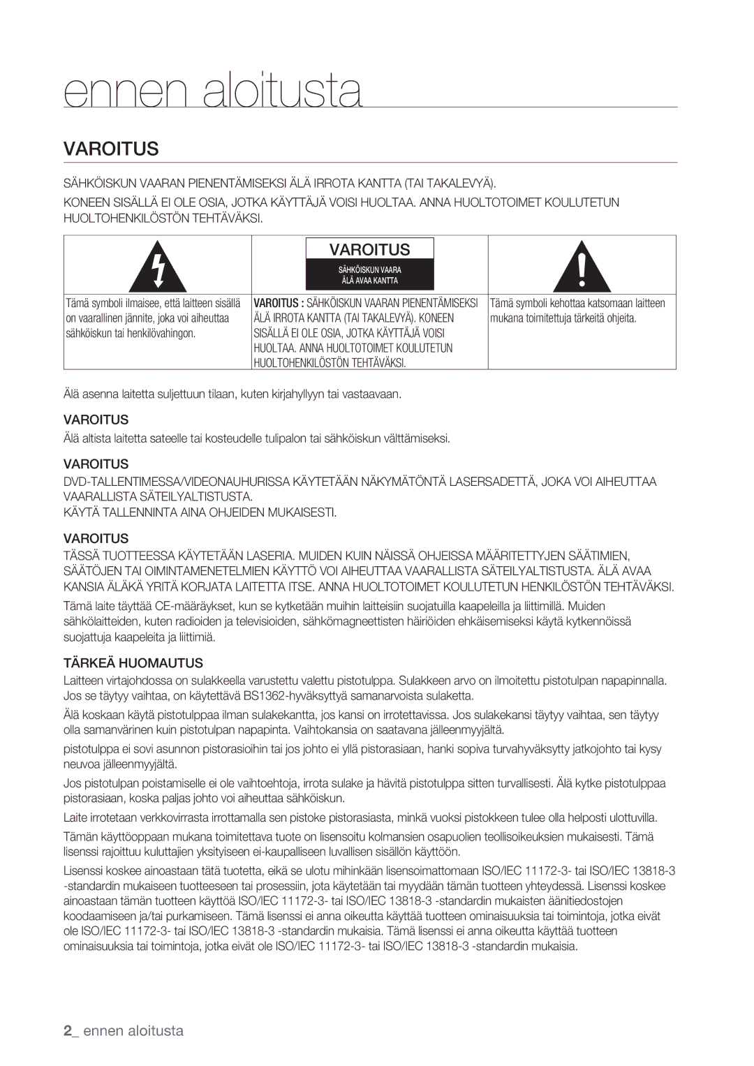 Samsung DVD-VR375/XEE, DVD-VR370/XEE manual Varoitus, Tärkeä Huomautus 