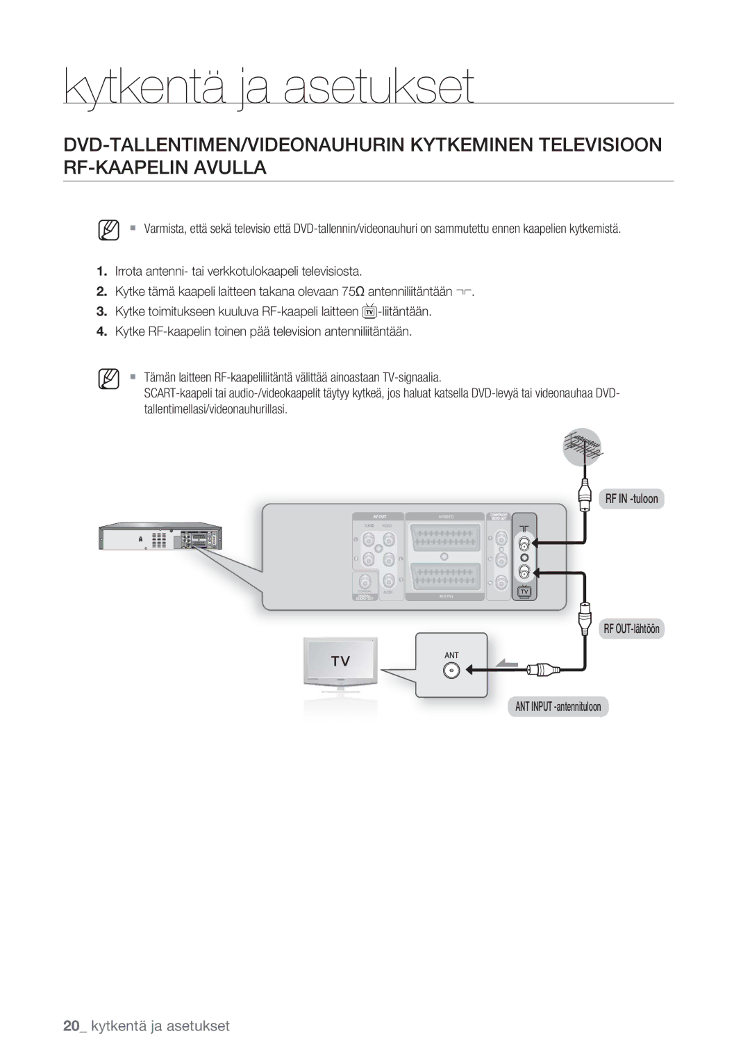 Samsung DVD-VR375/XEE, DVD-VR370/XEE manual Kytkentä ja asetukset 