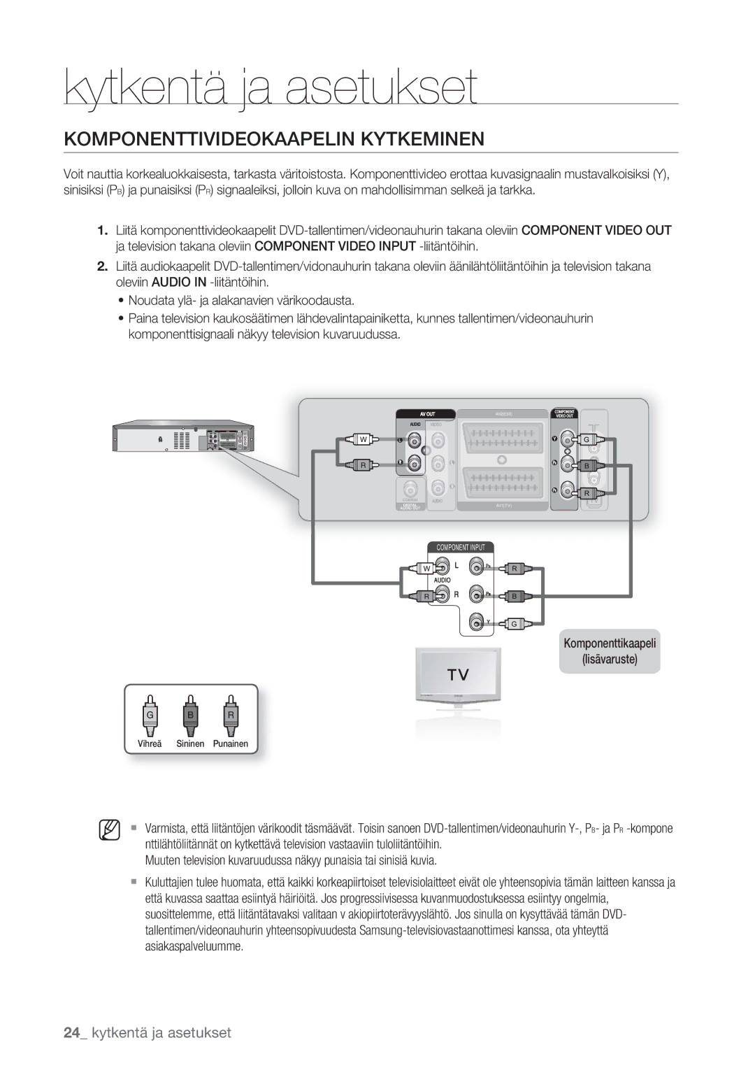 Samsung DVD-VR375/XEE, DVD-VR370/XEE manual Komponenttivideokaapelin Kytkeminen, Komponenttikaapeli Lisävaruste 