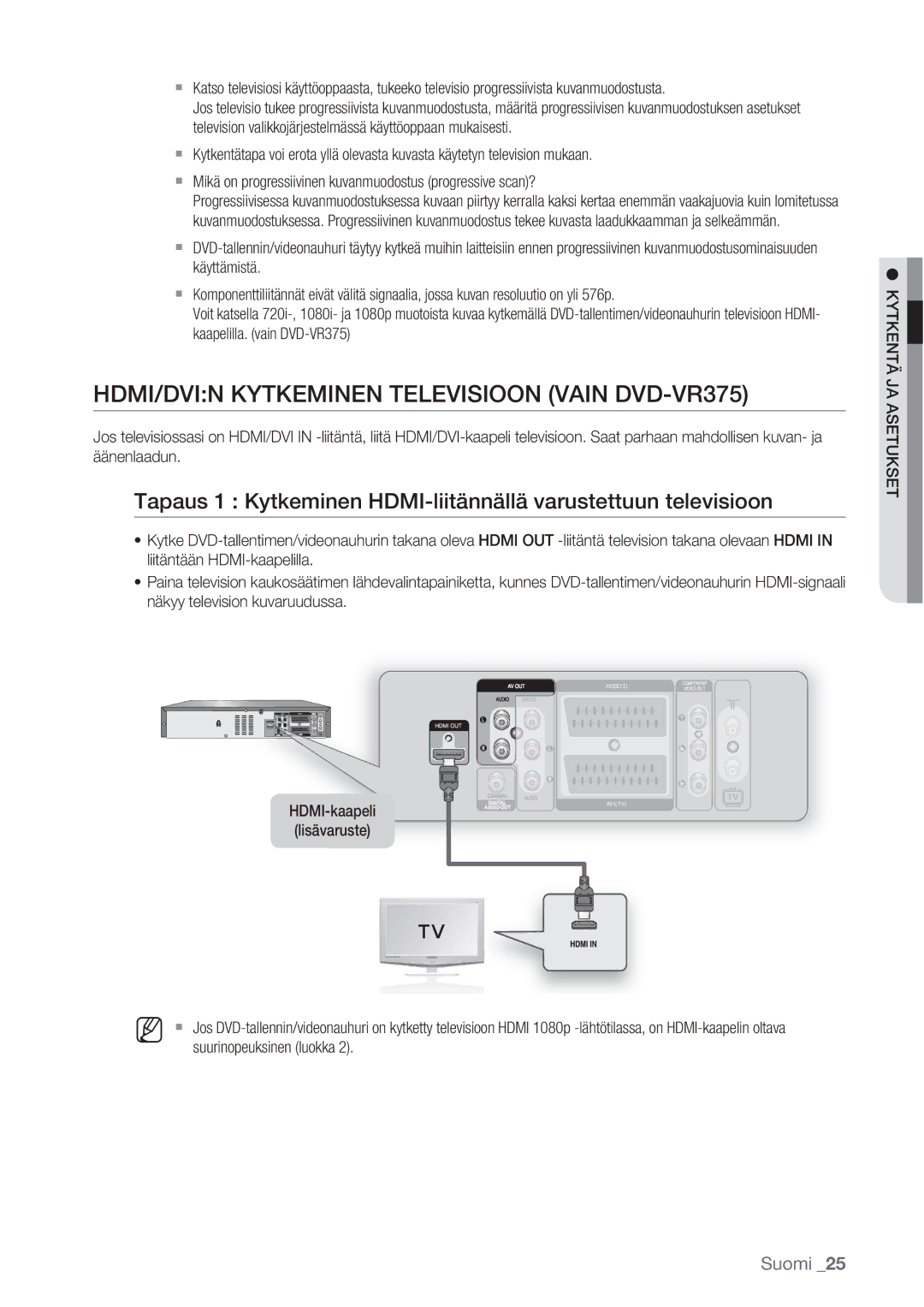 Samsung DVD-VR370/XEE, DVD-VR375/XEE manual HDMI/DVIN Kytkeminen Televisioon Vain DVD-VR375 