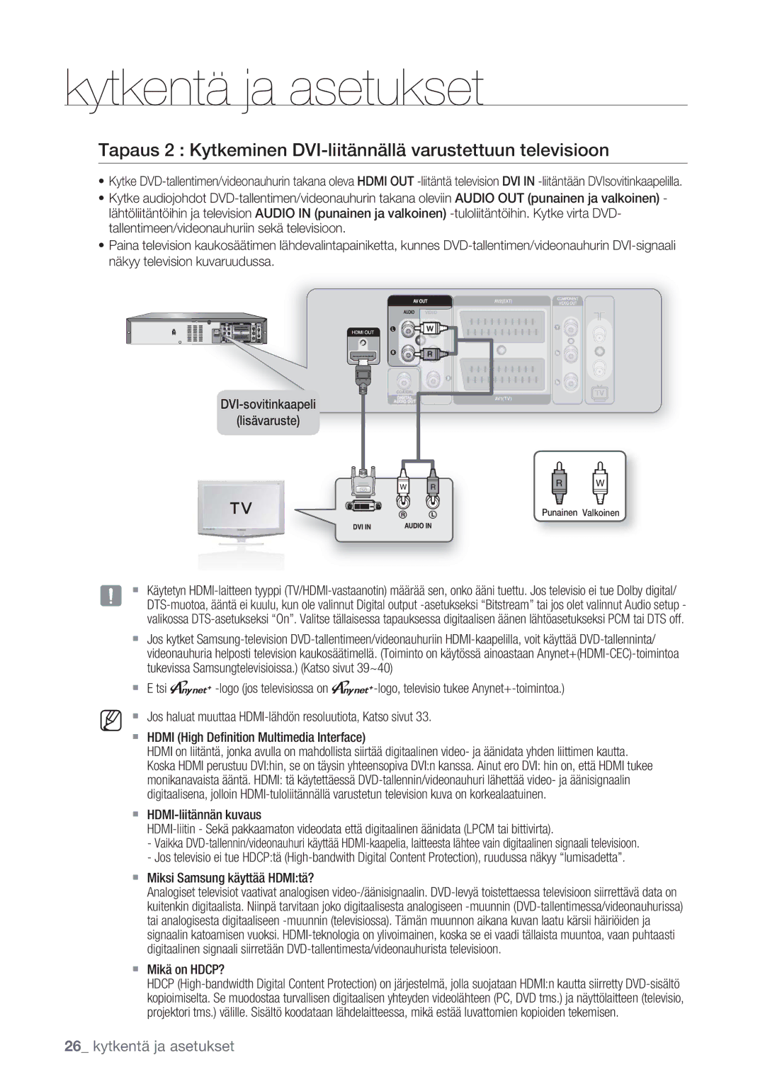 Samsung DVD-VR375/XEE, DVD-VR370/XEE manual  Miksi Samsung käyttää HDMItä?,  Mikä on HDCP? 