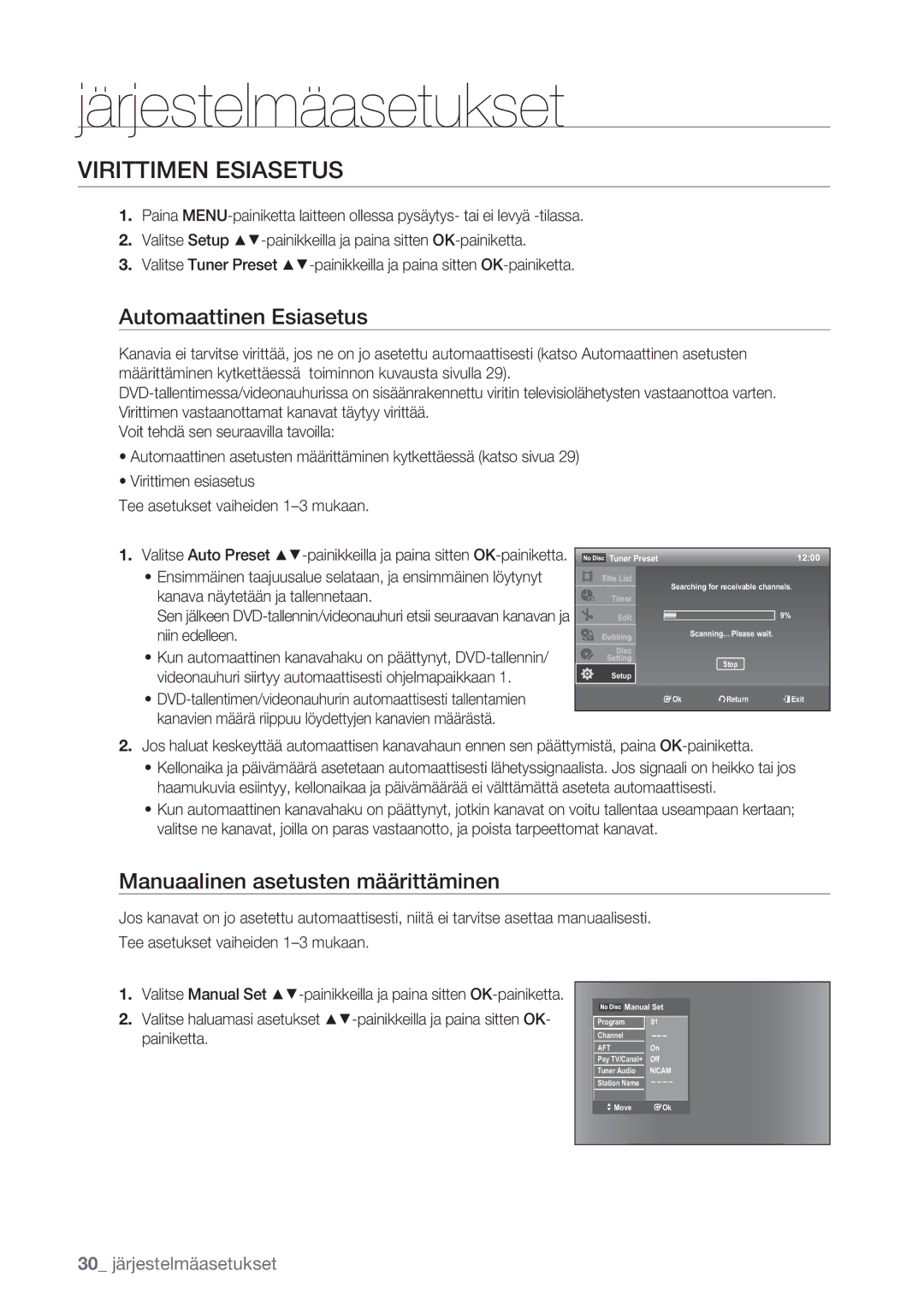 Samsung DVD-VR375/XEE, DVD-VR370/XEE Virittimen Esiasetus, Automaattinen Esiasetus, Manuaalinen asetusten määrittäminen 