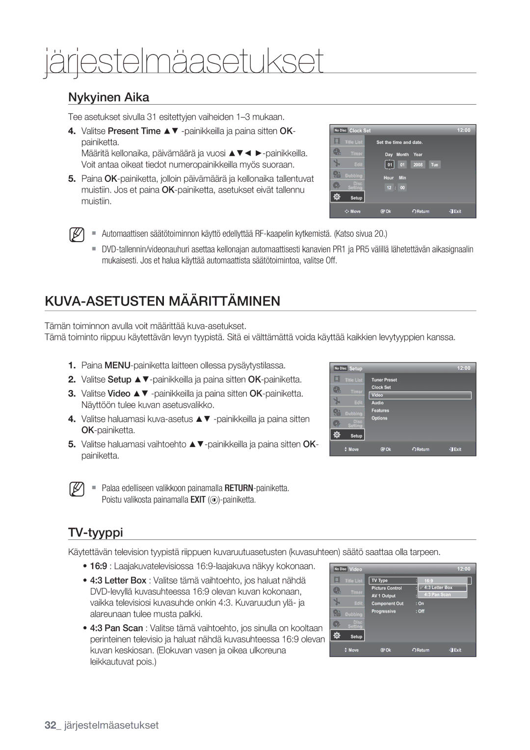 Samsung DVD-VR375/XEE, DVD-VR370/XEE manual KUVA-ASETUSTEN Määrittäminen, Nykyinen Aika, TV-tyyppi 