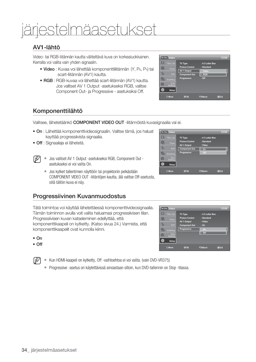 Samsung DVD-VR375/XEE, DVD-VR370/XEE manual AV1-lähtö, Komponenttilähtö, Progressiivinen Kuvanmuodostus, Off 