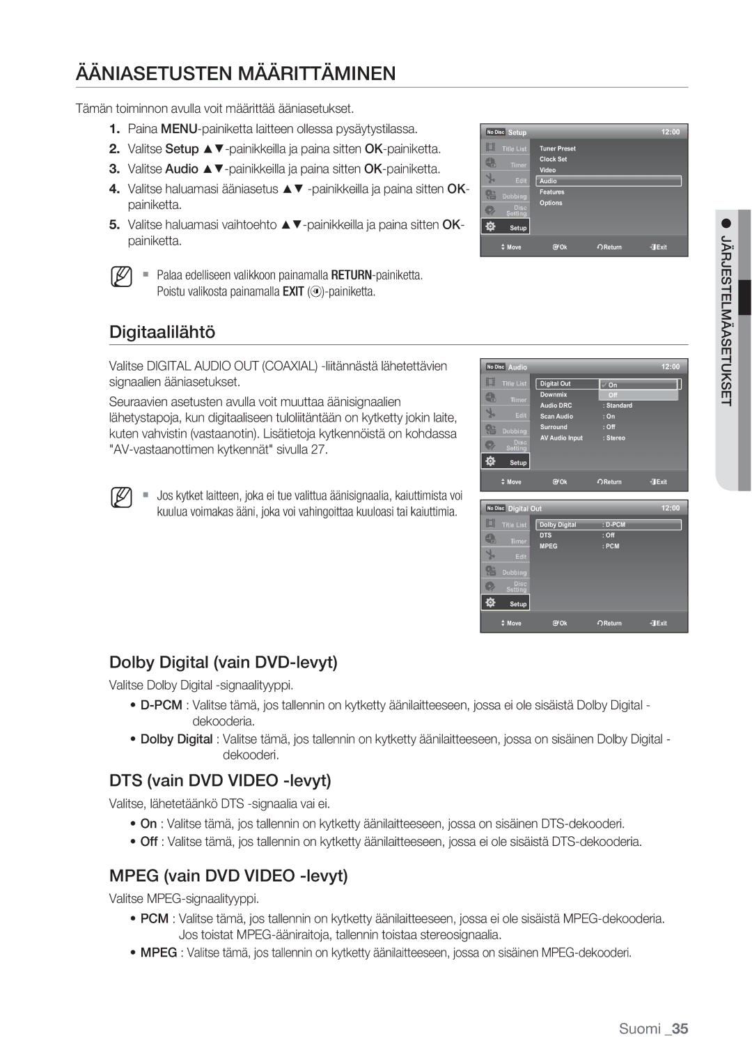 Samsung DVD-VR370/XEE Ääniasetusten Määrittäminen, Digitaalilähtö, Dolby Digital vain DVD-levyt, DTS vain DVD Video -levyt 