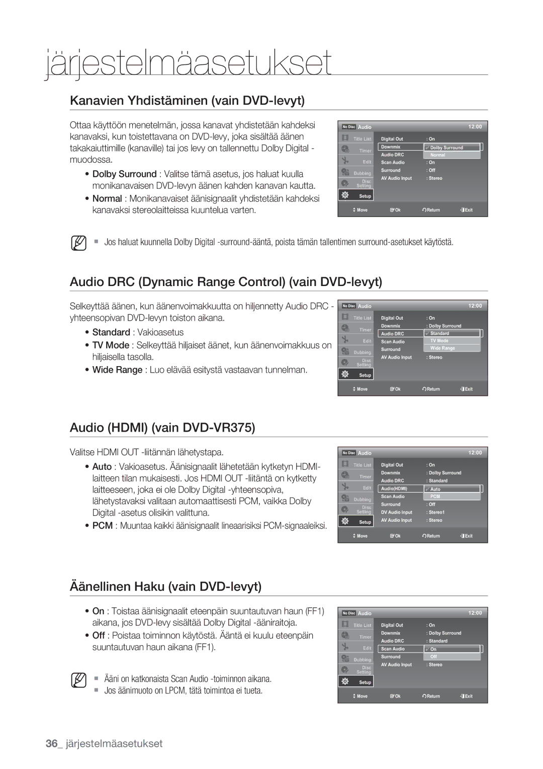 Samsung DVD-VR375/XEE, DVD-VR370/XEE Kanavien Yhdistäminen vain DVD-levyt, Audio DRC Dynamic Range Control vain DVD-levyt 