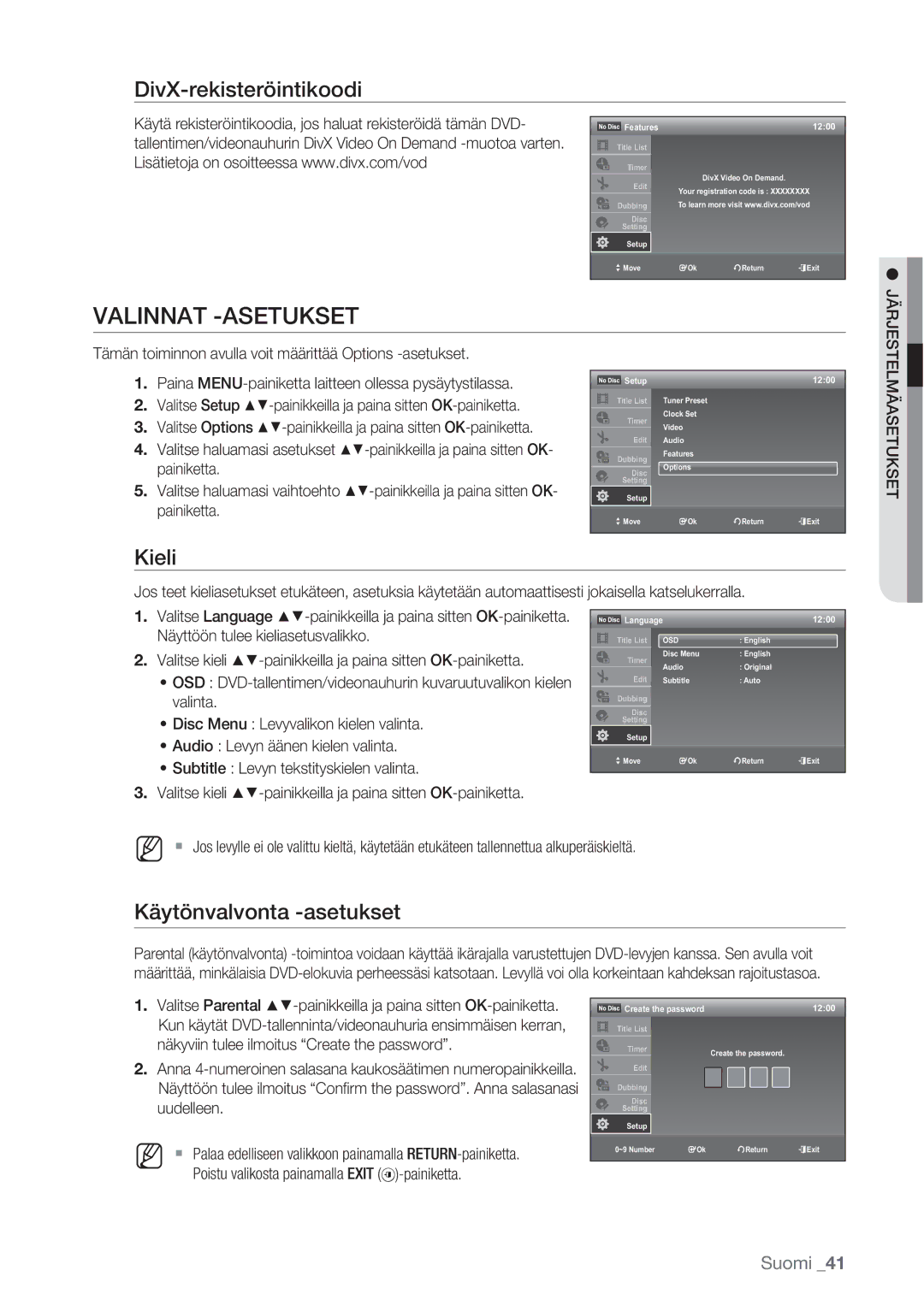 Samsung DVD-VR370/XEE, DVD-VR375/XEE manual Valinnat -ASETUKSET, DivX-rekisteröintikoodi, Kieli, Käytönvalvonta -asetukset 