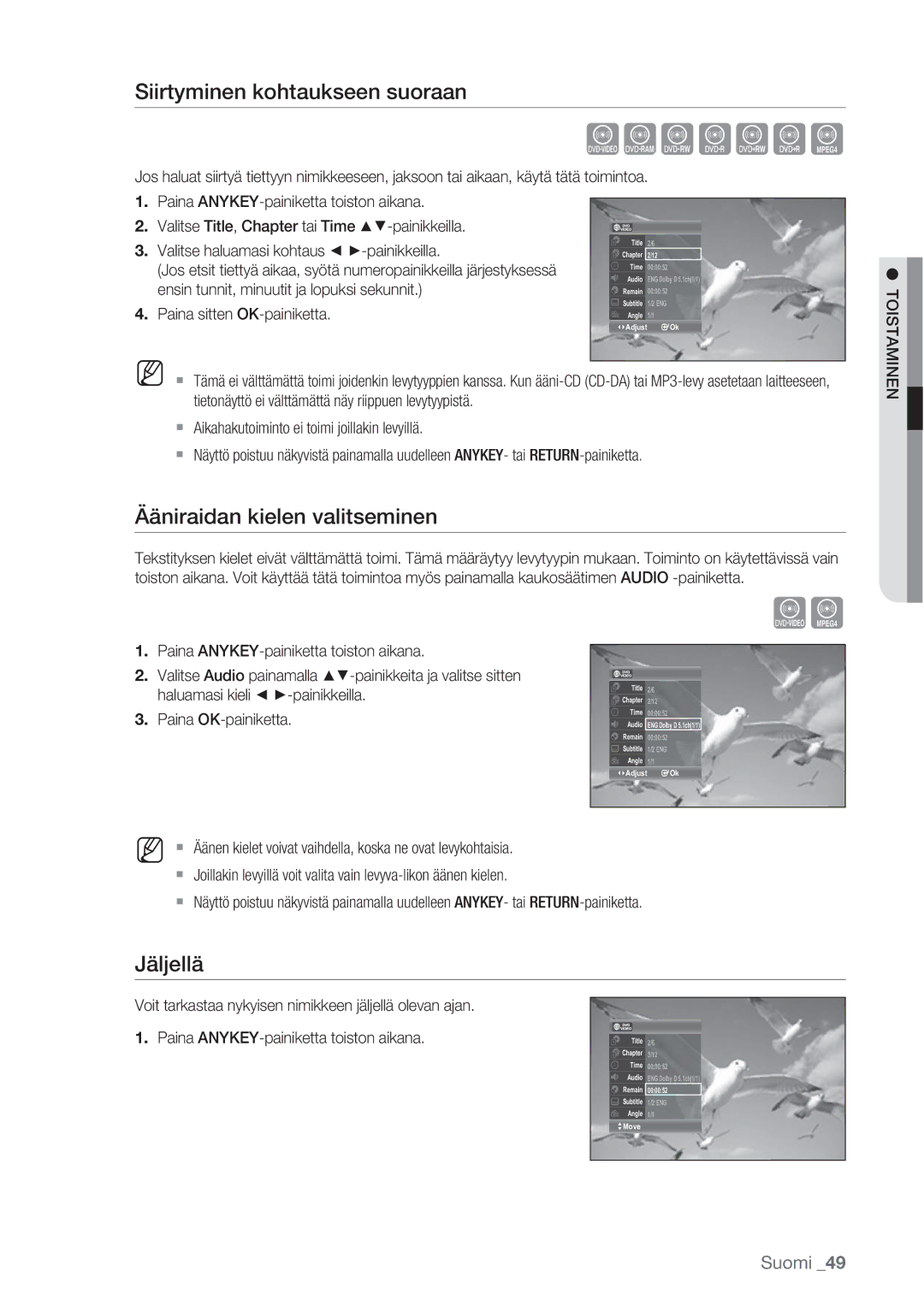 Samsung DVD-VR370/XEE, DVD-VR375/XEE manual Siirtyminen kohtaukseen suoraan, Ääniraidan kielen valitseminen, Jäljellä 