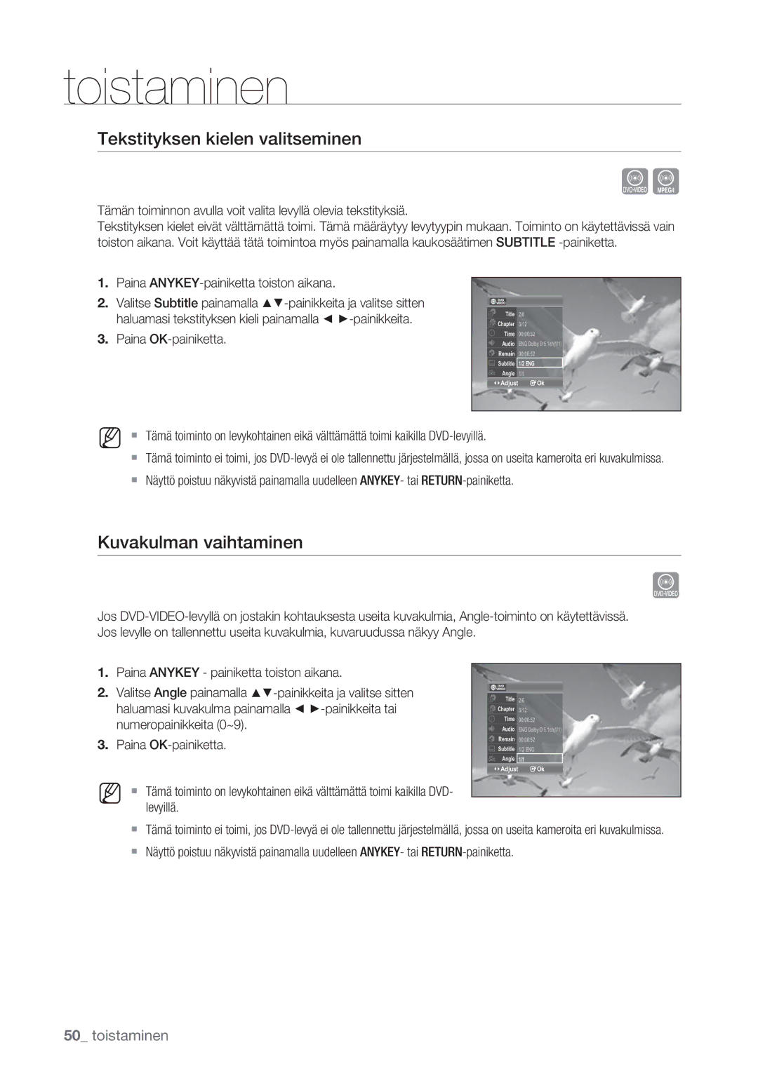 Samsung DVD-VR375/XEE, DVD-VR370/XEE manual Tekstityksen kielen valitseminen, Kuvakulman vaihtaminen 