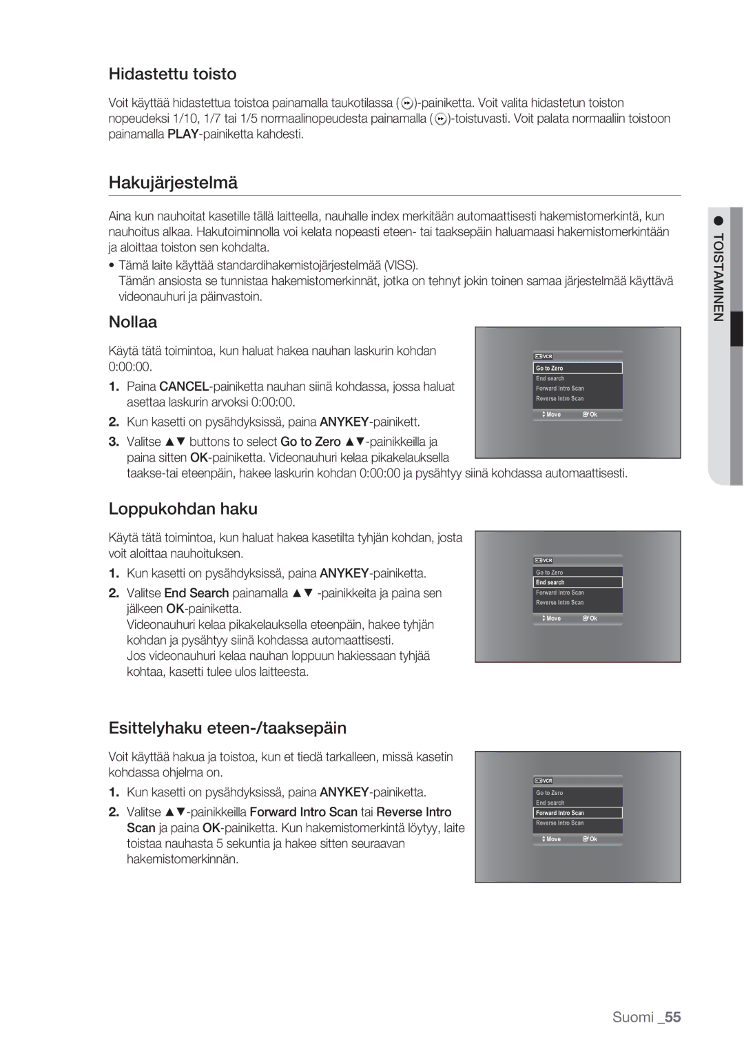 Samsung DVD-VR370/XEE manual Hakujärjestelmä, Hidastettu toisto, Nollaa, Loppukohdan haku, Esittelyhaku eteen-/taaksepäin 