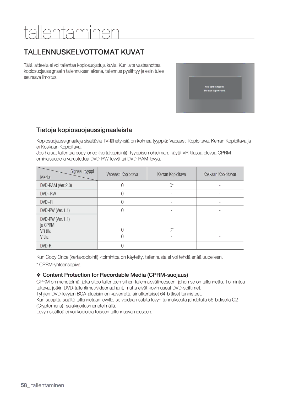 Samsung DVD-VR375/XEE, DVD-VR370/XEE Tallennuskelvottomat Kuvat, Tietoja kopiosuojaussignaaleista, Media, DVD-RAM Ver.2.0 