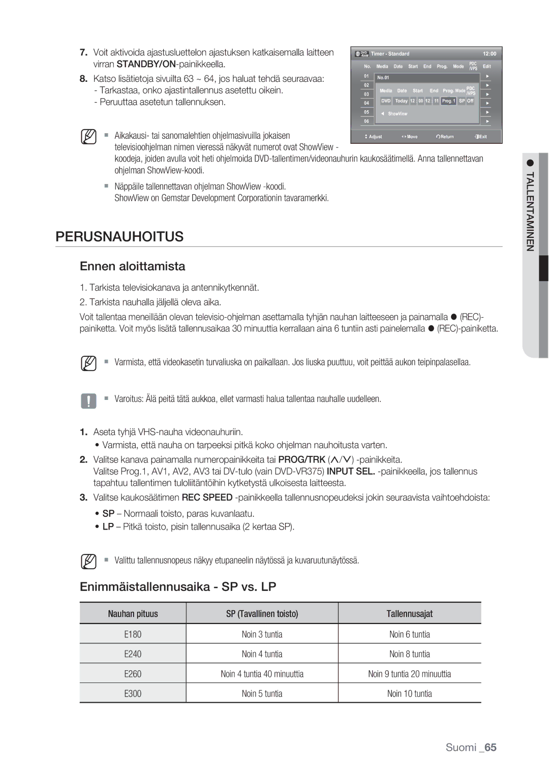 Samsung DVD-VR370/XEE, DVD-VR375/XEE manual Perusnauhoitus, Ennen aloittamista, Enimmäistallennusaika SP vs. LP 