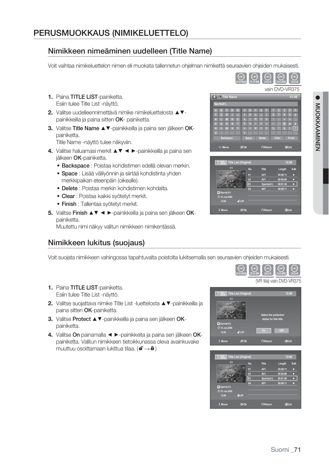 Samsung DVD-VR370/XEE Perusmuokkaus Nimikeluettelo, Nimikkeen nimeäminen uudelleen Title Name, Nimikkeen lukitus suojaus 