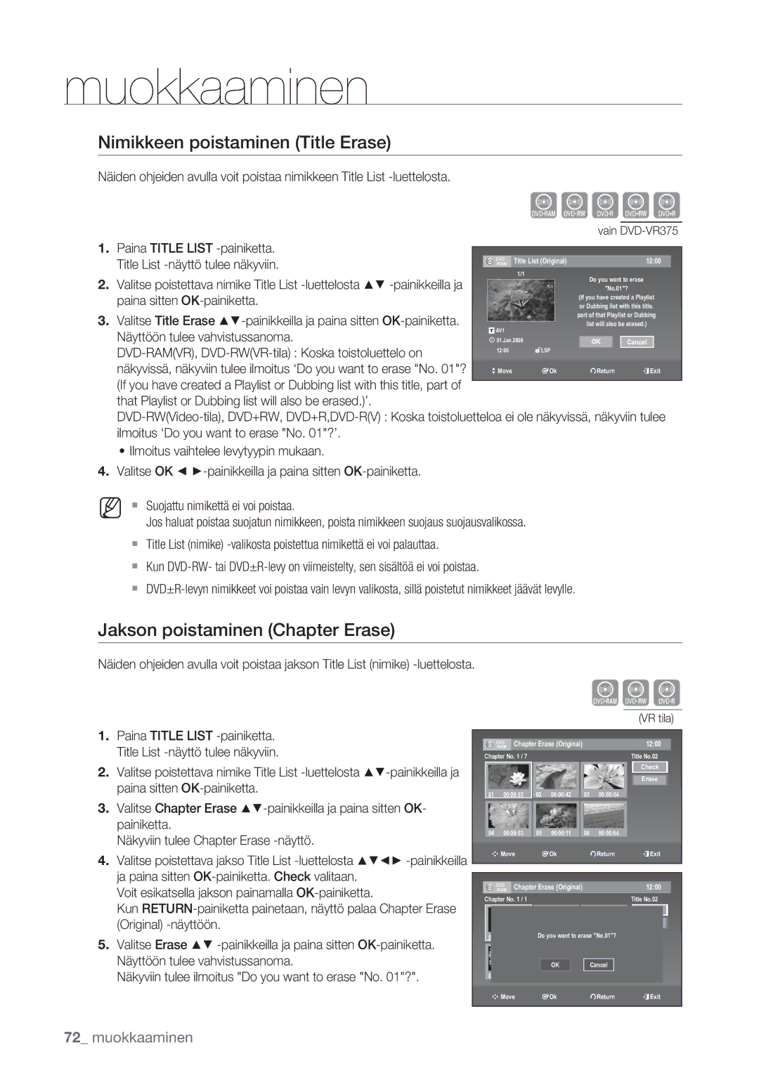 Samsung DVD-VR375/XEE, DVD-VR370/XEE manual Xcv, Nimikkeen poistaminen Title Erase, Jakson poistaminen Chapter Erase 