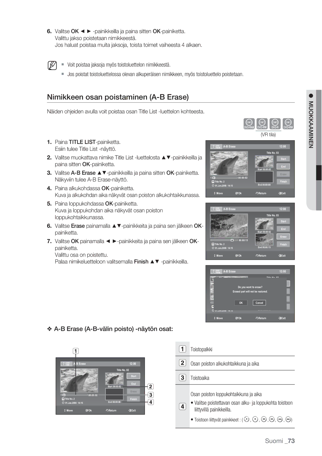 Samsung DVD-VR370/XEE, DVD-VR375/XEE manual Xcvk, Nimikkeen osan poistaminen A-B Erase 