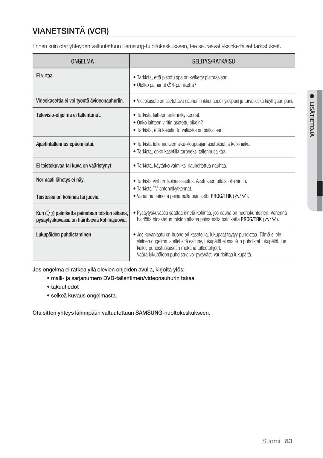 Samsung DVD-VR370/XEE manual Vianetsintä VCR, Tarkista, käytätkö valmiiksi nauhoitettua nauhaa, Lukupäiden puhdistaminen 