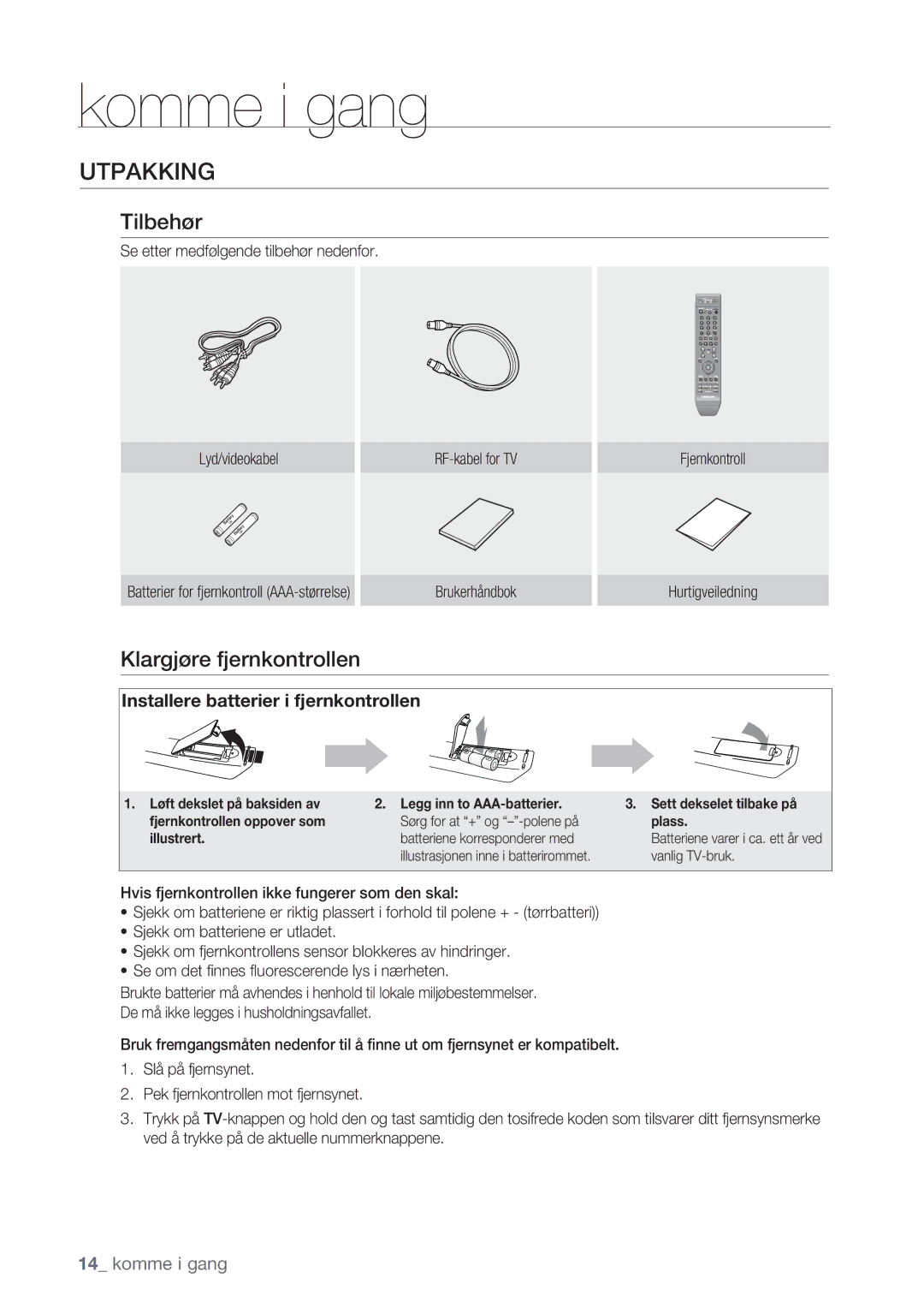 Samsung DVD-VR375/XEE, DVD-VR370/XEE manual Utpakking, Tilbehør, Klargjøre fjernkontrollen 