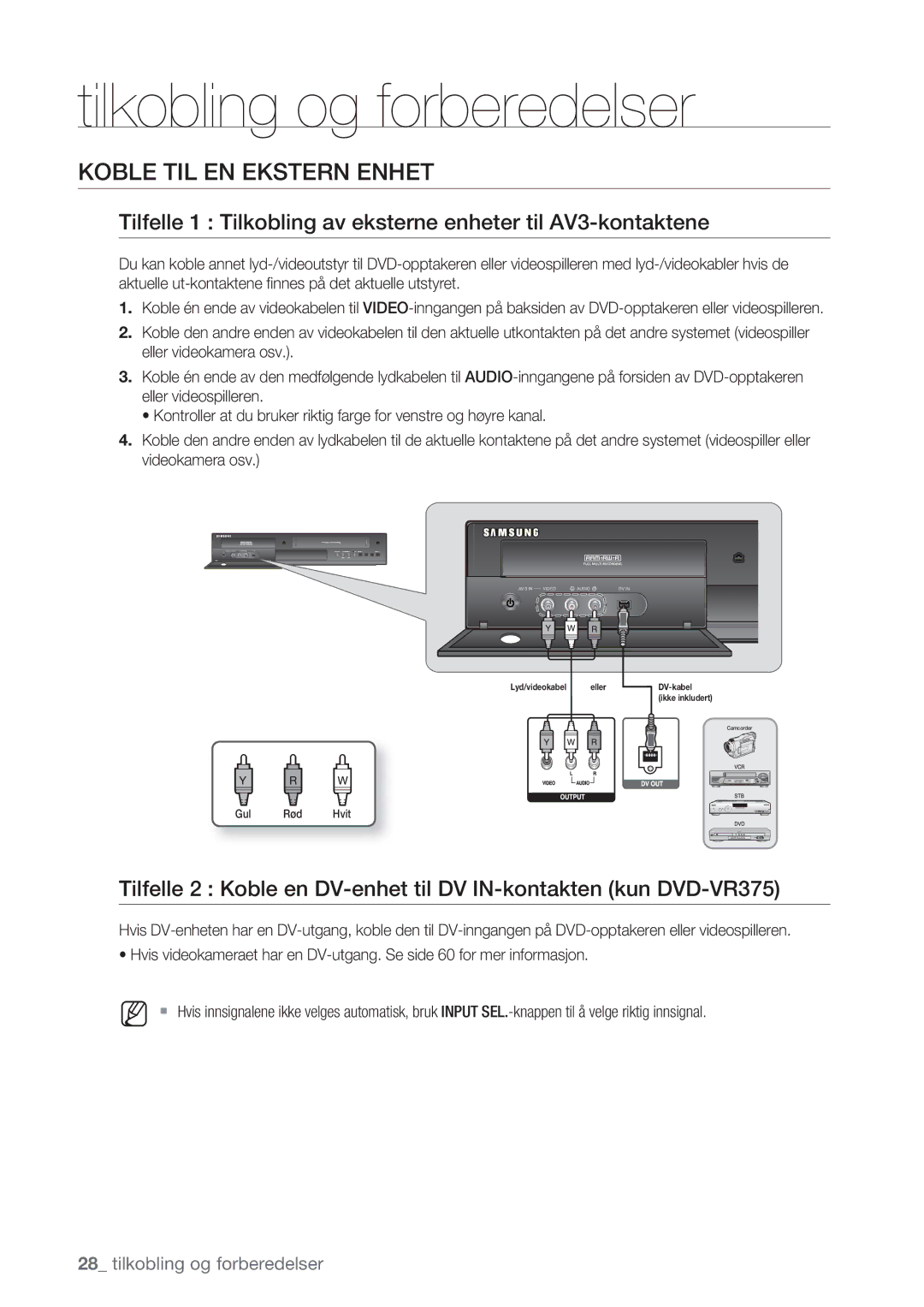 Samsung DVD-VR375/XEE manual Koble TIL EN Ekstern Enhet, Tilfelle 1 Tilkobling av eksterne enheter til AV3-kontaktene 