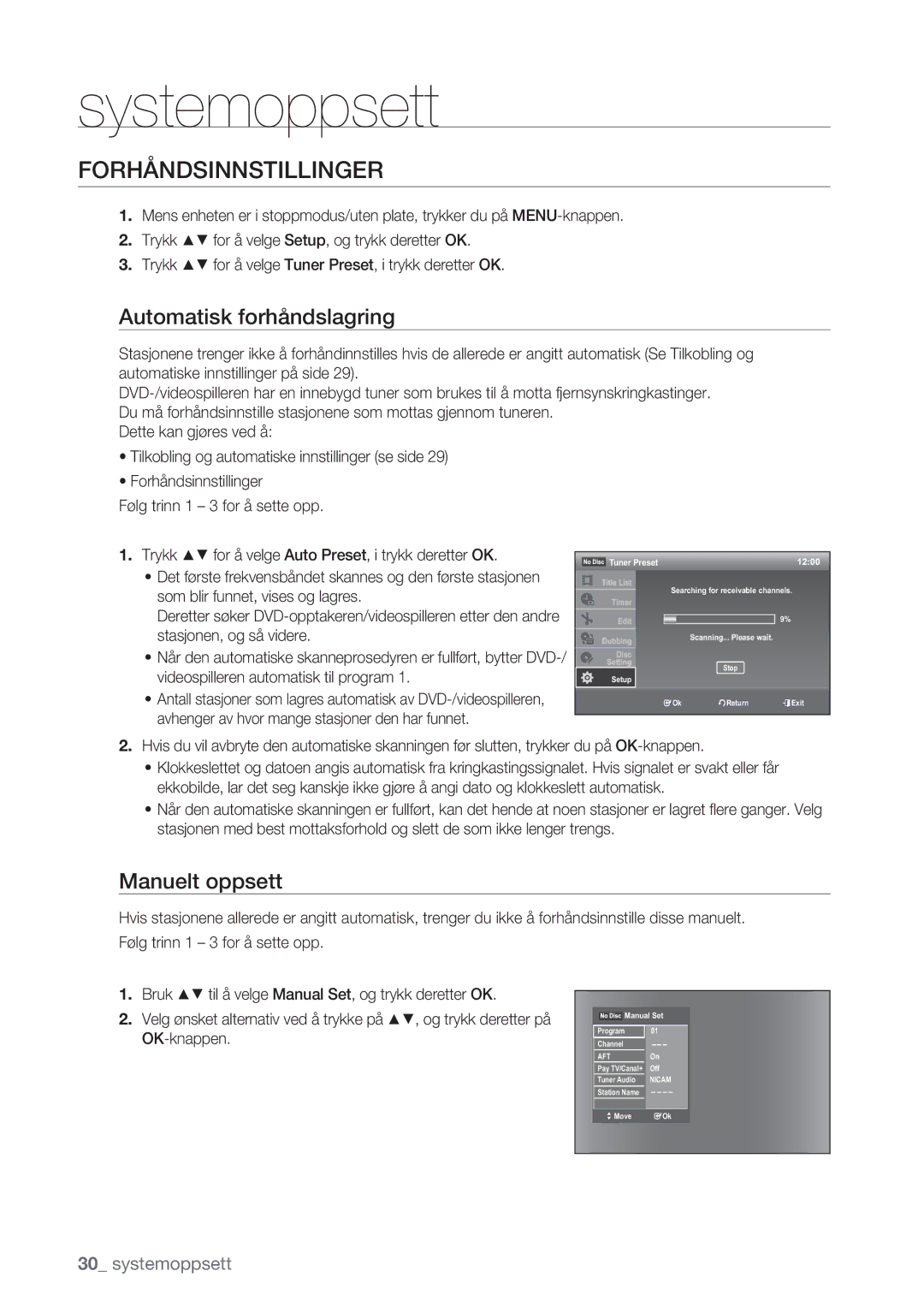 Samsung DVD-VR375/XEE, DVD-VR370/XEE manual Forhåndsinnstillinger, Automatisk forhåndslagring, Manuelt oppsett 