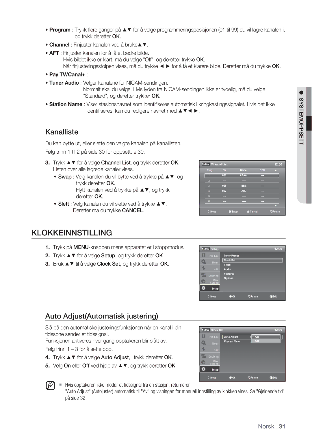 Samsung DVD-VR370/XEE, DVD-VR375/XEE manual Klokkeinnstilling, Kanalliste 