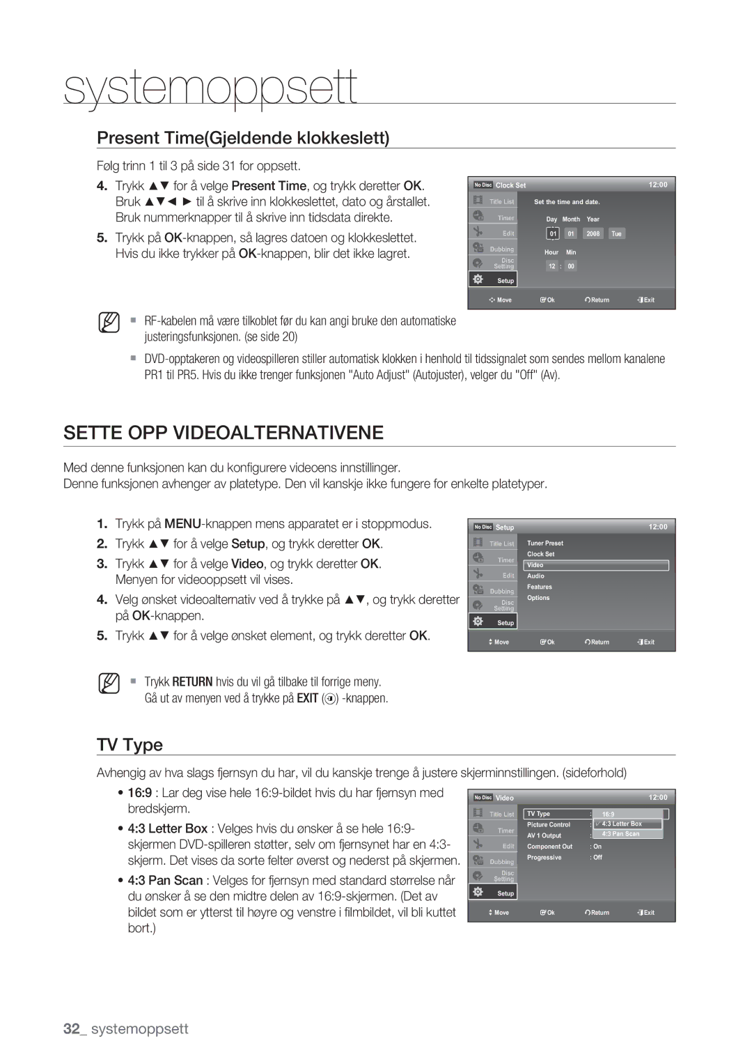 Samsung DVD-VR375/XEE, DVD-VR370/XEE manual Sette OPP Videoalternativene, Present TimeGjeldende klokkeslett, TV Type 