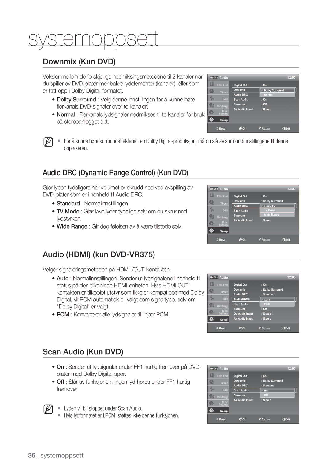 Samsung DVD-VR375/XEE, DVD-VR370/XEE Downmix Kun DVD, Audio DRC Dynamic Range Control Kun DVD, Audio Hdmi kun DVD-VR375 