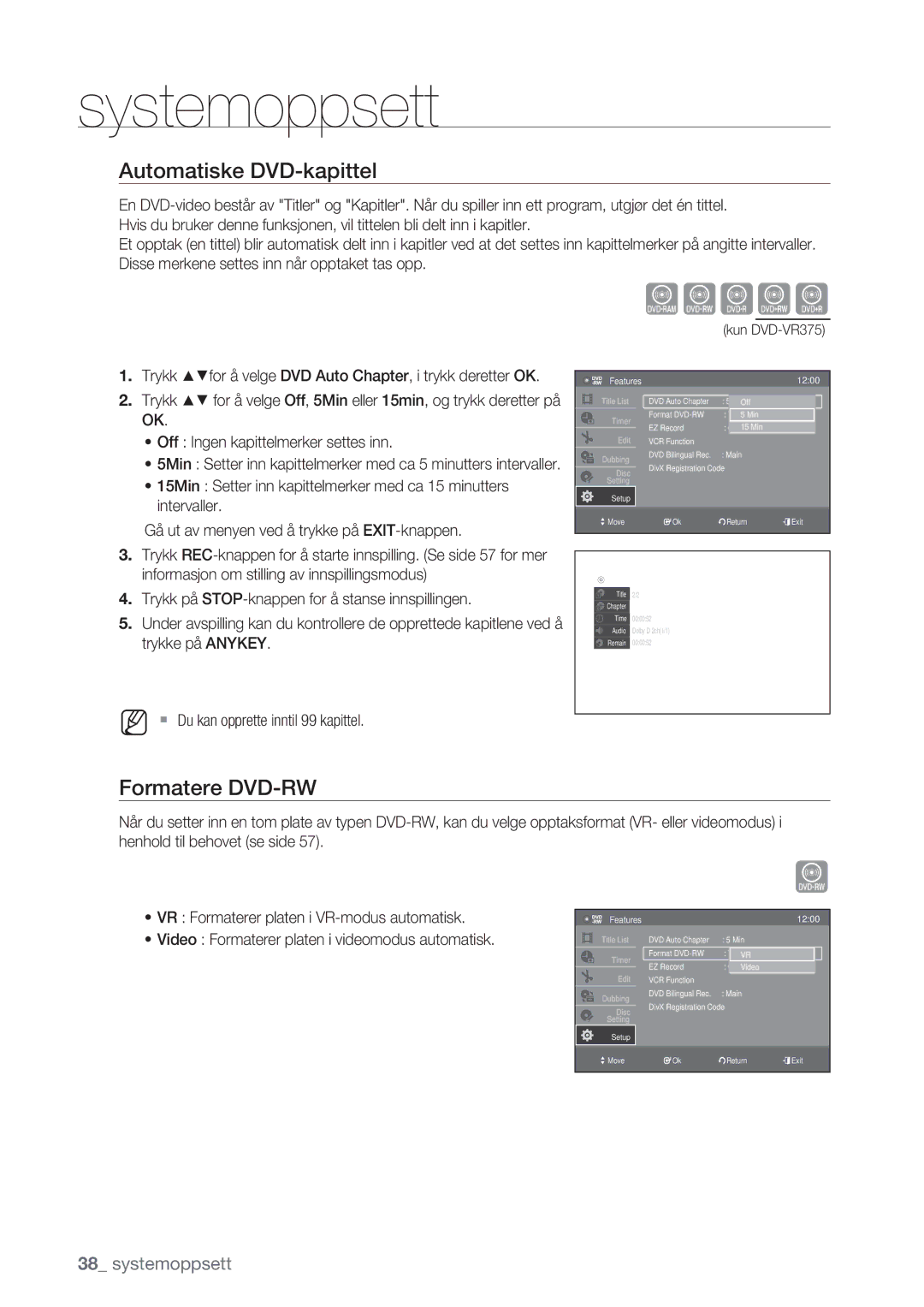 Samsung DVD-VR375/XEE, DVD-VR370/XEE manual Automatiske DVD-kapittel, Formatere DVD-RW, Features 1200 