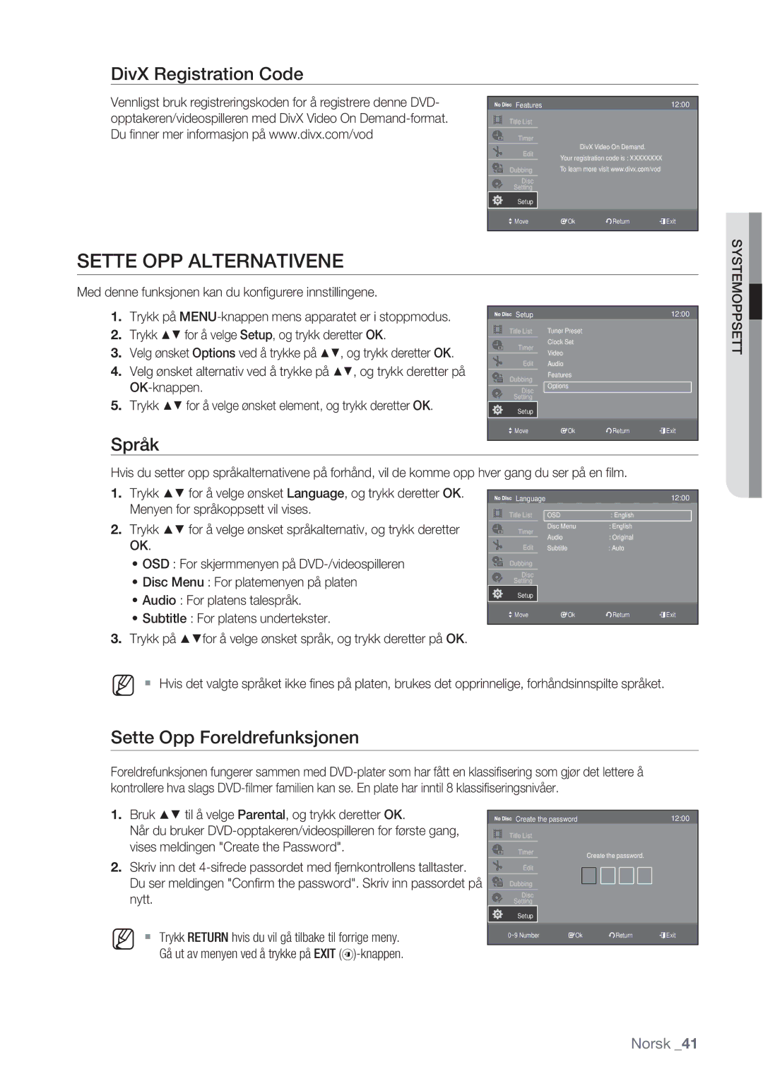 Samsung DVD-VR370/XEE, DVD-VR375/XEE Sette OPP Alternativene, DivX Registration Code, Språk, Sette Opp Foreldrefunksjonen 