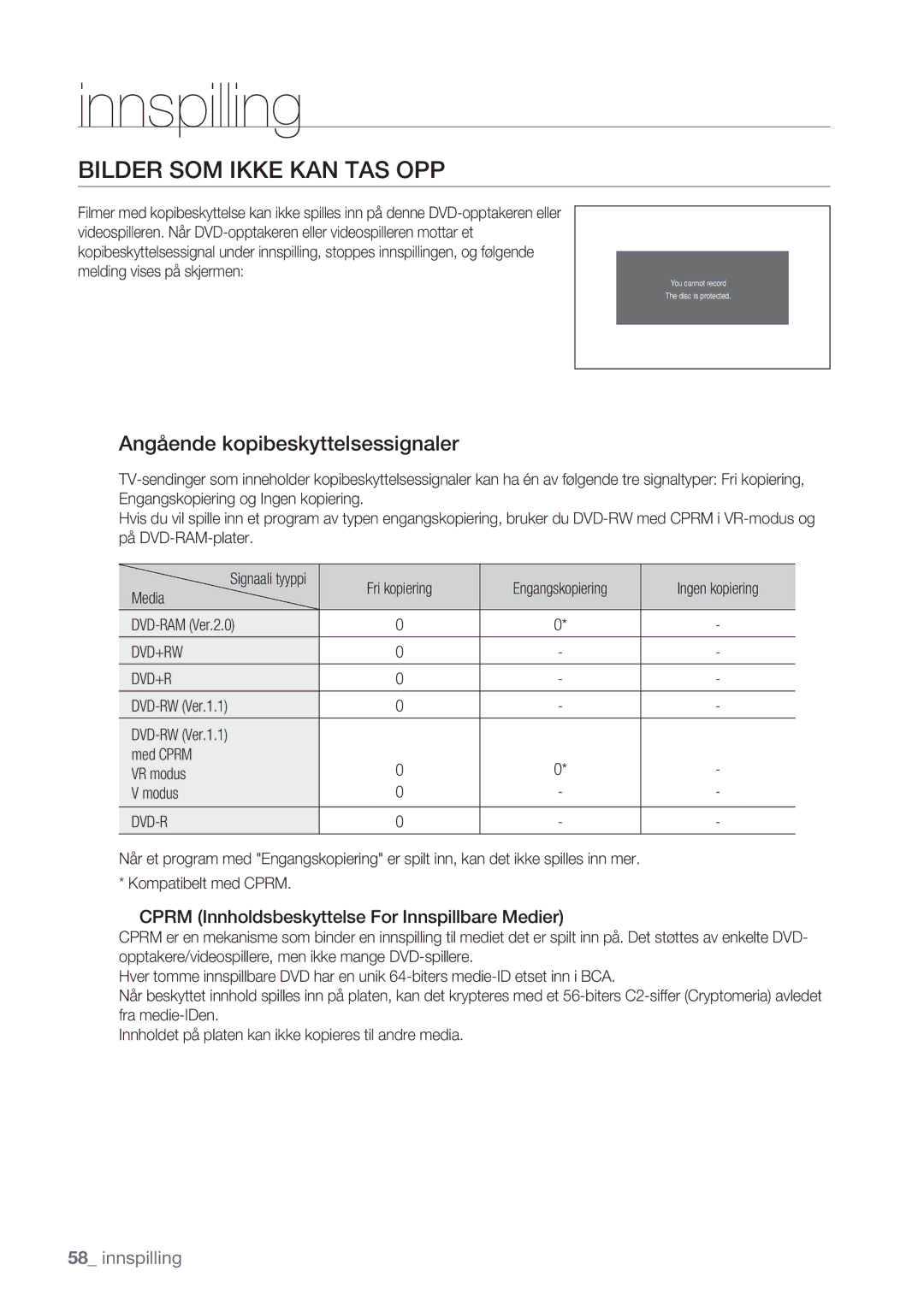 Samsung DVD-VR375/XEE, DVD-VR370/XEE manual Bilder SOM Ikke KAN TAS OPP, Angående kopibeskyttelsessignaler 