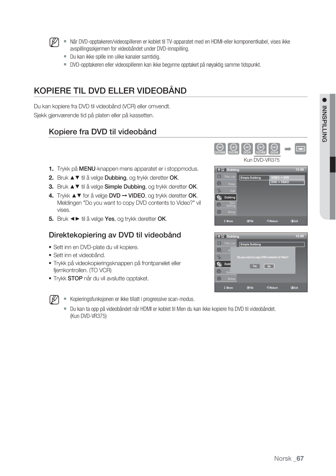 Samsung DVD-VR370/XEE, DVD-VR375/XEE manual Kopiere TIL DVD Eller Videobånd, Kopiere fra DVD til videobånd, Dubbing 1200 