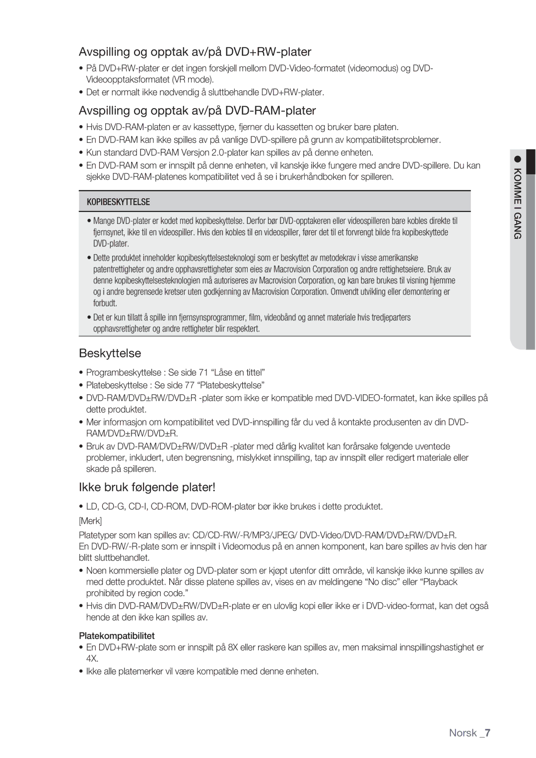 Samsung DVD-VR370/XEE Avspilling og opptak av/på DVD+RW-plater, Avspilling og opptak av/på DVD-RAM-plater, Beskyttelse 