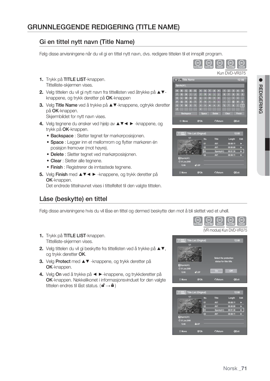Samsung DVD-VR370/XEE Grunnleggende Redigering Title Name, Gi en tittel nytt navn Title Name, Låse beskytte en tittel 